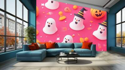 Pink Halloween patterns with ghosts, cats, bats, spiders, witch hats, and jack-o'-lanterns. Wall mural