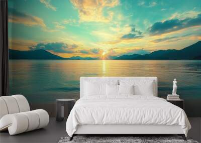 Solitude wallpaper with beautiful sunrise beach. Luxury honeymoon shoreline. Wall mural