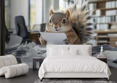 Stacks of office papers and modern technology surround a squirrel in a business suit, Wall mural