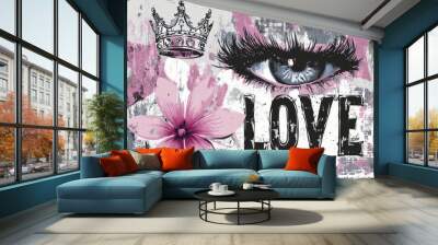 Symbols of emo graffiti with lightning, arrow, crown, star, heart and smile. Spray paint elements. Modern illustration. Wall mural