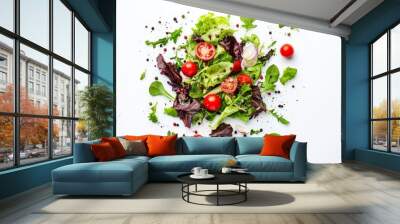 The air is filled with fresh salad vegetables like radicchio, lettuce, onion, and other greens for organic and healthy meals. Wall mural