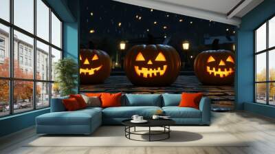 The background of a Halloween event is adorned with charming upscale pumpkins. Wall mural