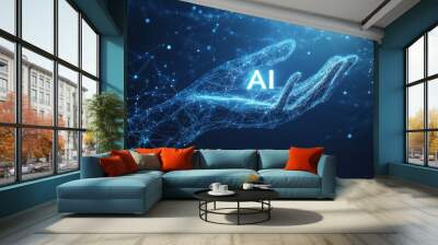 The concept of artificial intelligence with a digital hand on a background of business science and innovation in the future, in the background of virtual data communication and learning assistants. Wall mural