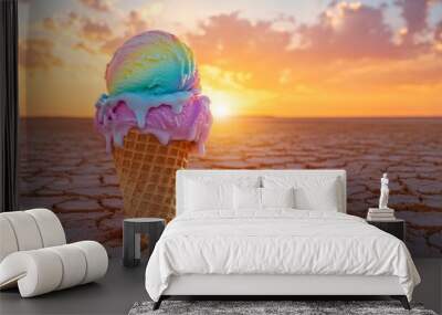 The effects of global warming are visible in the melting rainbow ice cream cone in the desert Wall mural