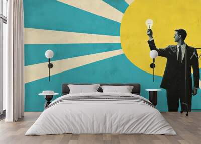 The hand of a businessman is holding an abstract drawn light bulb on a cartoon background with a mock-up place. This is an idea and innovation concept. Wall mural