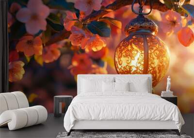 The lantern is decorated with flowers and a crescent moon. Wall mural