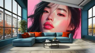 The main subject of this image is a woman with black hair and pink lipstick Wall mural