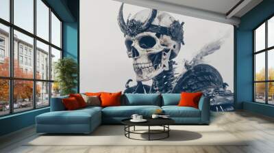 The pose of a skeletal samurai warrior wearing traditional armor and an intricate Halloween party mask is vividly illuminated, with cinematic lighting, and is isolated on a white background. Wall mural