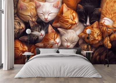 There is a pile of kittens lying on the floor, one sleeping and another lying down Wall mural