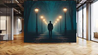 There is a sad man walking alone along the alley of a foggy night park. Wall mural