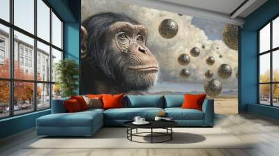 This monkey is sitting with his hand on his chin, thinking about something. Possibly looking for answers. Illustration suitable for a cover, card, postcard, interior design, decor, or print project. Wall mural