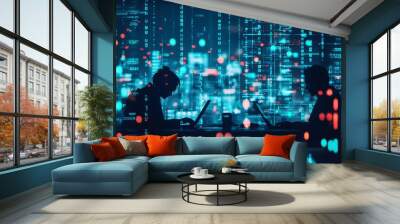 Two exposures of women's hands typing on a computer and holograms of a forex chart. Stock market investment concept. Wall mural