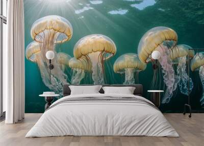 Underwater jellyfish swimming in blue ocean with other sea fish. Wall mural