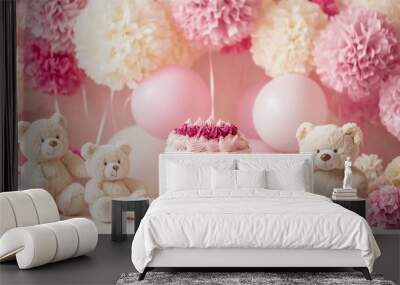 Various pastel colors and helium balloons in pink interior. Wall mural