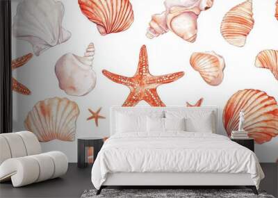 Watercolor artwork with seashells and starfish on a white background Wall mural