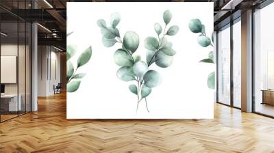 Watercolor floral illustration set with green gold leaf branches for wedding stationary, greetings, wallpapers, fashion, background. Eucalyptus, olive leaves. Wall mural