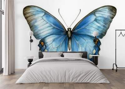 Watercolor painting of a blue morpho butterfly with vibrant blue wings on a white background Wall mural