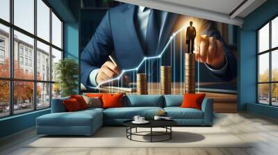 Coin stack with digital graphic indicator symbolizing business investment and economic growth. Businessman doing financial planning to achieve financial goal and contribute to profit. Wall mural