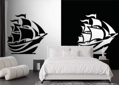 Simple Logo Sailing Ship and Sea Wave vector.silhoutte Wall mural