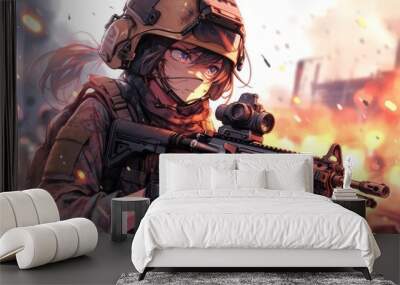 Courageous female soldier with rifle in hands, explosions and dust in background, Generative AI Wall mural