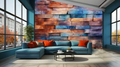 The Rustic Blend: Brown and blue stone wall texture with orange and purple blocks, Generative AI Wall mural