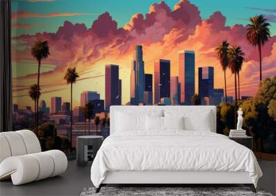 Vibrant pop art cityscape of Los Angeles, Generative AI Wall mural