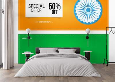 26 January Republic Day sale banner or greeting card design with upto 50% offer background. Wall mural