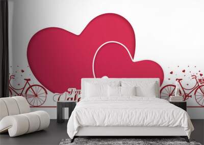 Valentine's day concept background. two big red hearts with flying heart from bicycle basket isolated on white background. Vector illustration. Wall mural