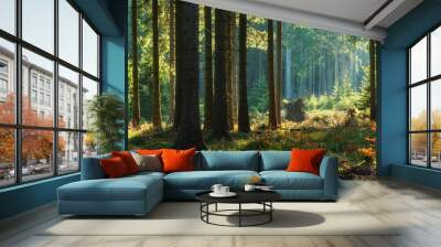 Panoramic Sunny Forest in Autumn Wall mural