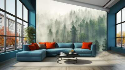 Panoramic view of forest with morning fog Wall mural