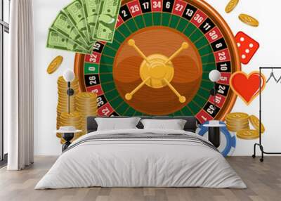 European roulette. Logo for Roulette gamble. Red & Black Betting casino squares. Casino gambling. Gamble game in online casino. Classic casino roulette. Chips, croupier, craps dice, and playing cards. Wall mural