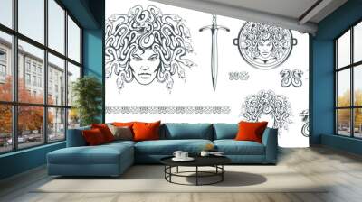 Gorgon Medusa - monster with a female face and snakes instead of hair. Sword. Medusa head. Greek mythology. Hand drawn traditional Greek ornament. Snake tattoo. Vector graphics to design Wall mural