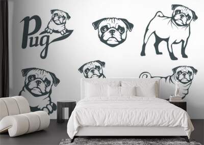 Pug dog set. Head of an pug. Pets for design. Vector graphics to design. Wall mural