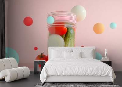 A background of neutral color with a variety of vegetables and a pickle jar. Wall mural