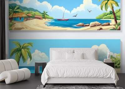 A beach scene with palm trees, sun loungers, umbrellas, and blue coast. Beach constructor with elements for the beach scene. Illustration for modern art. Wall mural