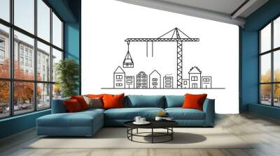 A continuous line is drawn on a white background: women's shoes, multi-story buildings, tower cranes, city houses, and construction cranes. Wall mural