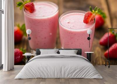 A delicious strawberry milk beverage with fresh strawberries, strawberries, fruit, glasses, strawberry milk, water, drink, strawberry milk, glasses Wall mural