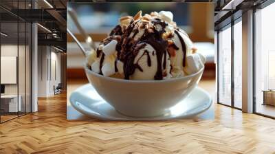 A dessert with marshmallows and chocolate on ice cream. Served on a white plate and topped with chocolate sauce. Wall mural