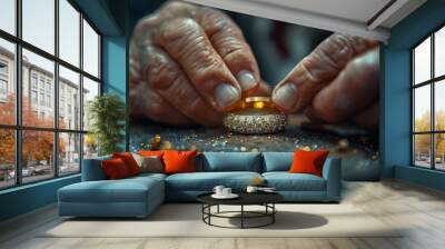 A jeweler works with a ring in closeup Wall mural