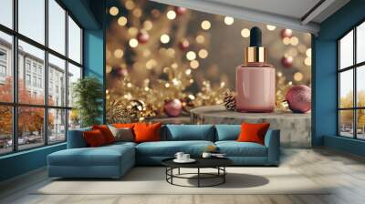 A luxurious skincare serum bottle beautifully displayed among twinkling holiday lights and festive holiday decor Wall mural