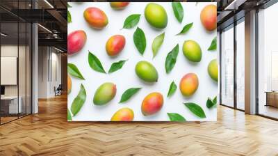 A mango with half slices floating in the air and green leaves in the background. Fresh organic fruit, rich in vitamins and minerals. Wall mural