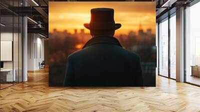 A mysterious figure in a hat silhouetted against a vibrant sunset creates an intriguing urban atmosphere. Wall mural