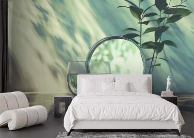 a round mirror on the dressing table with calls and delicate greenery in a calm soft interior Wall mural