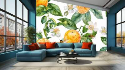 A seamless pattern with watercolor hand drawn citrus orange lemon grapefruit fruits. Stock illustration. Wall mural