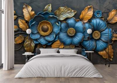 A set of three modern blue and gold 3D floral wall art panels Wall mural