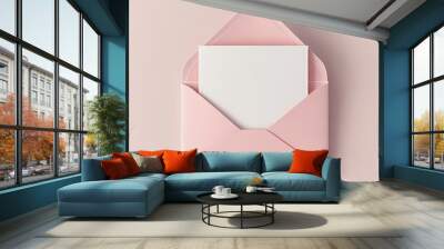 A white blank card in a pink envelope is isolated on a pink pastel color background with a shadow love letter minimal conceptual rendering in 3D Wall mural