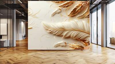 Abstract luxury line design wallpaper with gold feathers. Art deco wedding texture. Art deco angel wing decoration. Wall mural