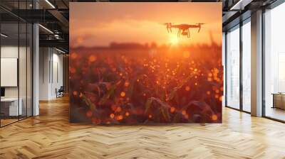 Agricultural, technology, and innovation modern illustration in low polygonal wireframe style. Corn field with drone flying over it. Modern illustration. Wall mural