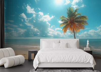 An abstract background with a palm tree on a tropical beach with a blue sky and white clouds. Wall mural