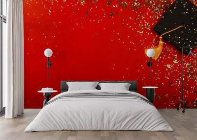 An achievement celebration concept featuring confetti and a cap amidst a vibrant background. Wall mural